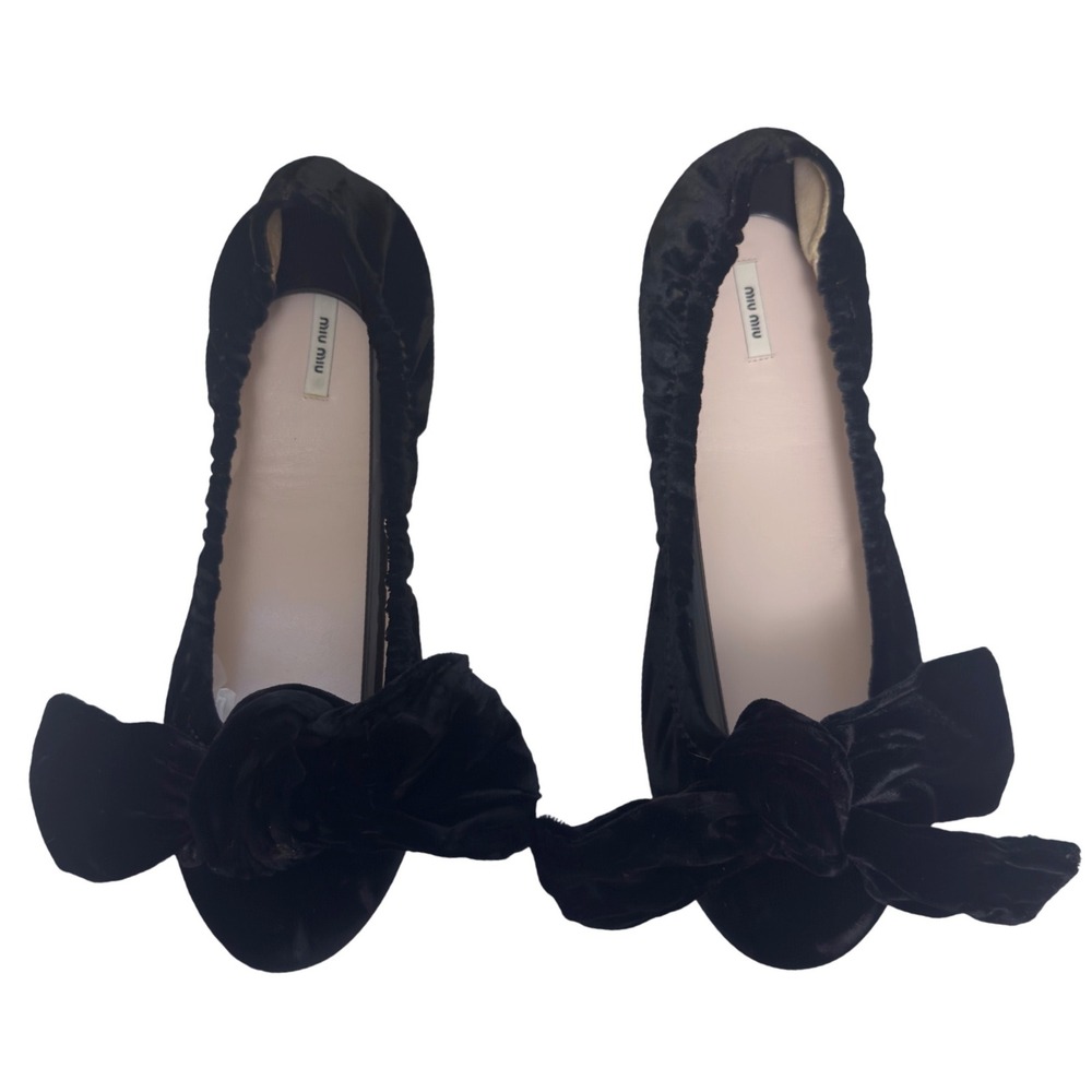 Miu Miu Velvet Ballet Flats 38.5/39 Black Bow Designer Shoes READ